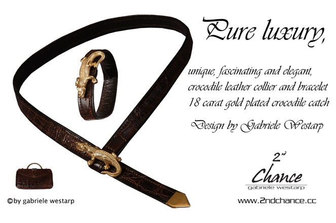 Krokodil - Pury luxury, unique fascinating and elegant, crocodile leather collier and bracelet, 18 carat gold plated crocodile catch. Design by Gabriele Westarp, 2nd Chance